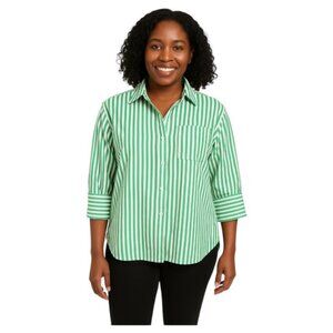 Pomander Place XS Half Sleeve Button Down High Low Green White Striped T…